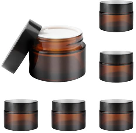 TNSLAND 6 Stück Cremedosen zum Befüllen 50ml, Braunglas Glastiegel Salbentiegel Cremetiegel zum Befüllen Creme Behälter Creme Dosen Leere Cremedosen für Kosmetik, Lotion, Cremes, Pulver