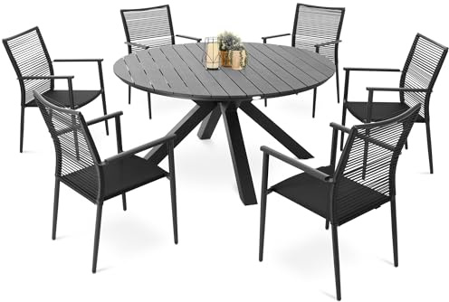 di volio Gartenmöbel-Set Essgruppe Aluminium Kunstholz Polyrattan Ottana | Runder Tisch, höhenverstellbare Standfüße, stapelbare Stühle mit Armlehnen, pflegeleicht, 6–8 Sitzplätze