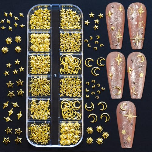 3D Sonne Mond Sterne Nagel Charms, 12grids/box Gold Stern Nailart Charm Metall Nieten Nageldesign Strasssteine Zubehör Legierung Nail Studs
