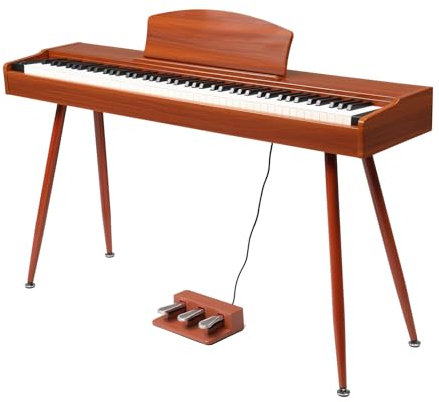 Bonnlo Digitalpiano mit 88 gewichteten Tasten, E-Piano mit 3-Pedal-Einheit für Anfänger, Klavier mit Ständer, 2 Bluetooth-Systeme, Rotbraun