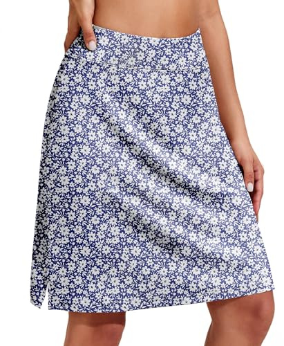 PINSPARK Damshorts, 50,8 cm (20 tum) knälånga kjolar sportiga tennisshorts, lång golfkjol med fickor, blygsamma kjolar, Marinblå vit blommig, M