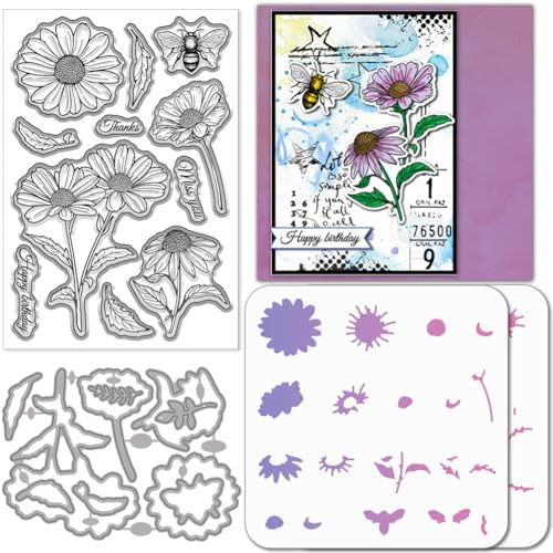 GLOBLELAND Gänseblümchen Blumen Stamps Stanzschablone für die Kartenherstellung Bienen Blumenrahmen Silikonstempel Stanzschablone Geschichtet PET Malschablonen Für DIY Scrapbooking Bastelalben Zubehör