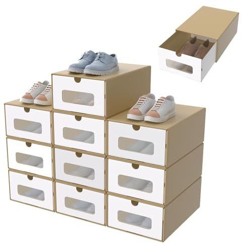 YARDIN 10 Stück Schuhboxen Stapelbar Boxen-Set,Aufbewahrungsbox Schubladen aus Pappe Karton,Schuhkarton Ordnungsboxen mit Transparentes Sichtfensterr,34.5 x 23.5 x 13.5 cm, Braun