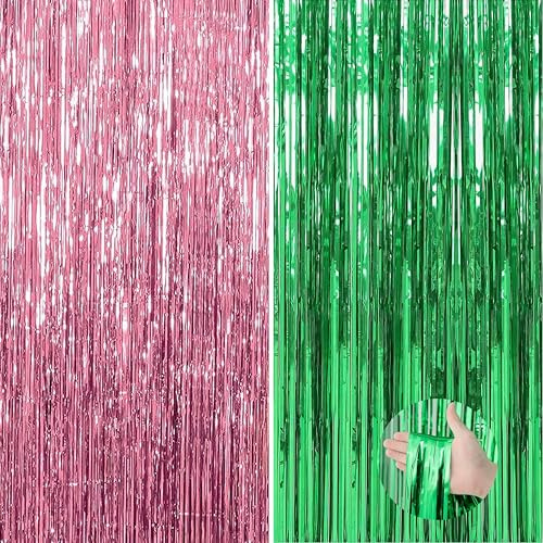 DABAOOU 2pcs 3.28 x 8.2 Ft Green and Pink Glitter Streamers Backdrop Party Decoration Tinsel Foil Fringe Curtains for Witch Princess Themed Party Disco Cosplay Birthday Decor Supplies