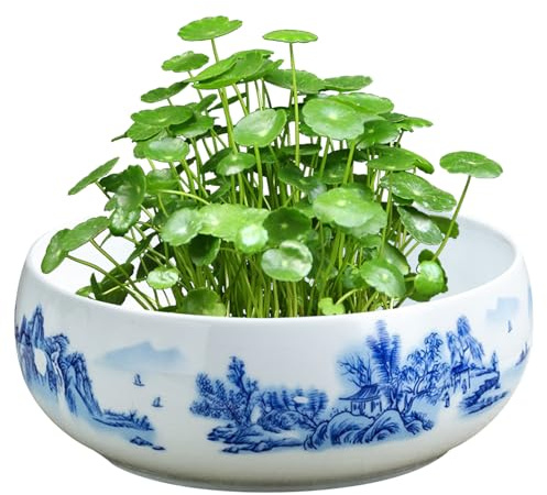 Ceramic Succulent Pots, 20cm Chinese Landscape Painting Shallow Planter, Chinese Washed Tea Bowl, Round Glazed Pot, Shallow Bonsai Pot for Indoor Garden Decorations