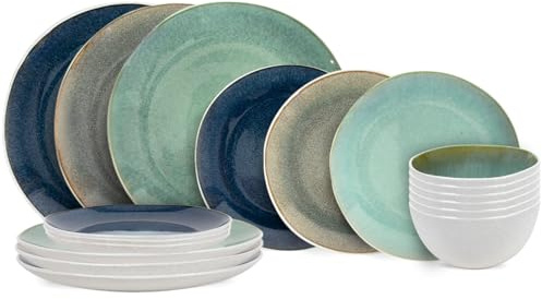 Cookinglife Belize | Service de Table 18 Pièces | Pour 6 Personnes | 6 Assiettes Plates, 6 Assiettes à Dessert, 6 Bols | vert, beige & bleu | Compatible Lave-vaisselle, Micro-ondes, Four