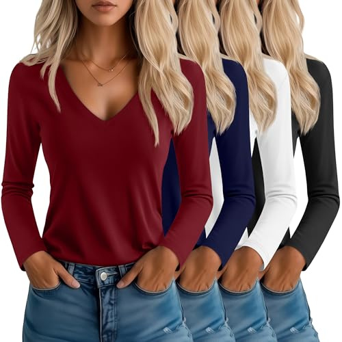 Neer 4 Pcs Womens V-Neck T-Shirts Long Sleeve Tops, 4-Color, Small