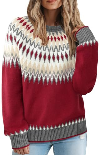 Messic Ugly Christmas Sweater Women: Red Sweater for Womens Trendy Long Sleeve Holiday Sweaters Fairisle Dressy Tops Crewneck Loose Fit Knit Top Vintage Fall Must Haves Red 2XL