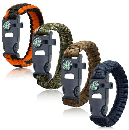 Lot de 4 bracelets de survie en paracorde 5 en 1 avec allume-feu, boussole et sifflet | Équipement d'urgence en plein air pour le camping, la randonnée, Paracorde
