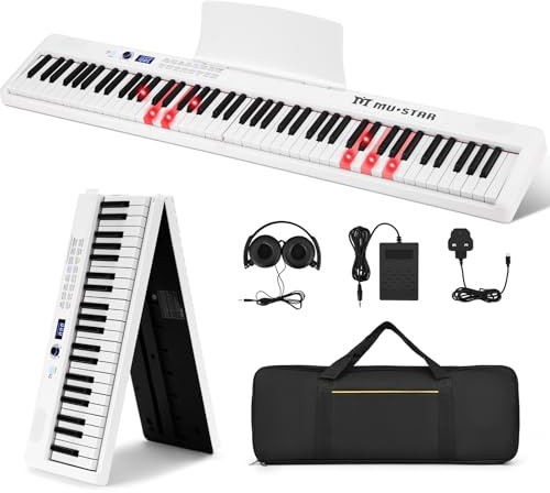 MUSTAR 88 Tasten Faltbares Klavier, Tragbares Digitalpiano, Weiß | Faltbares E-Piano mit halbgewichteten Tasten, Sustain-Pedal, USB-MIDI, Lautsprecher, Kopfhörer, Tragetasche für Anfänger