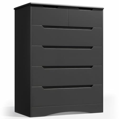 Blishom Kommode mit 6 Schubladen, Kommode Schwarz, Komodenschrank für Büro, Wohnzimmer, Schlafzimmer, Flur, Möbel, 110 x 70 x 40 cm