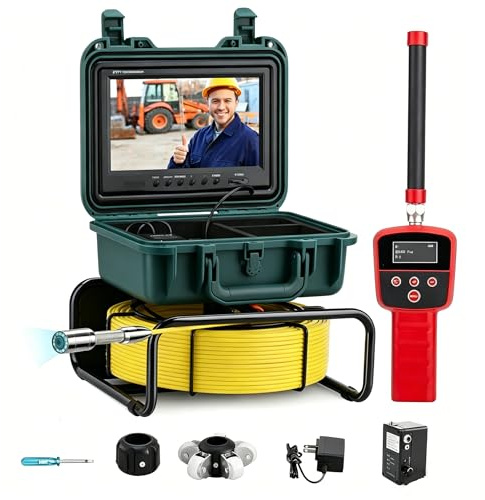 Cámara de Inspección de Alcantarillado Autonivelante 30M con Localizador 512Hz, Pantalla Táctil de 9 Pulgadas 1080P, Contador Automático, Tarjeta de 32GB y 12 Luces LED para Tuberías de Desagüe
