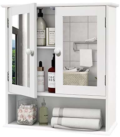 UYIHOME Spiegelschrank, Badezimmerschrank,Spiegelschrank Bad,Badezimmerschrank Hängend Hängeschrank Bad,Badschrank mit 2 Spiegeltüren und offenem Fach,Hölzerner Bathroom Cabinet,13 x 56 x 58 cm,Weiß
