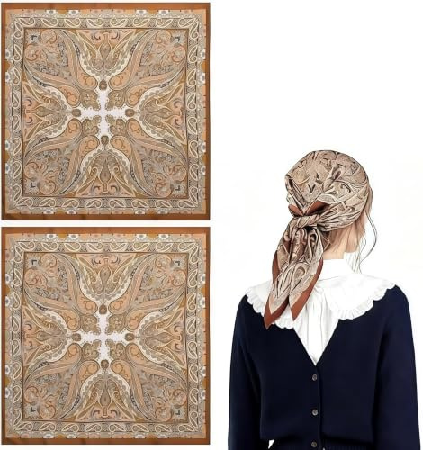 aieieii 2 Pcs Brown Bandanas for Womens, Neck Scarf for Women Satin Head Scarf For Women Uk 70 X 70 Cm, Ladies Headscarf, Cowboy Neckerchief for Womens Suitable for Vacation and Beach Travel