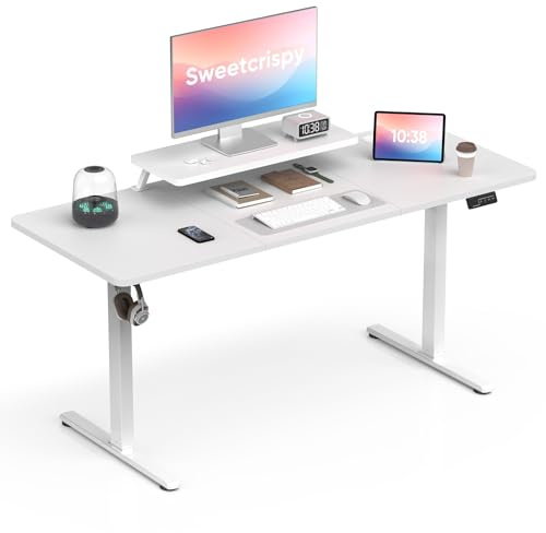 Sweetcrispy Höhenverstellbarer Schreibtisch mit Monitorständer, 160 x 60 cm Schreibtisch Höhenverstellbar Elektrisch, Ergonomischer Steh-Sitz Tisch, Computertisch Standing Desk, Weiß