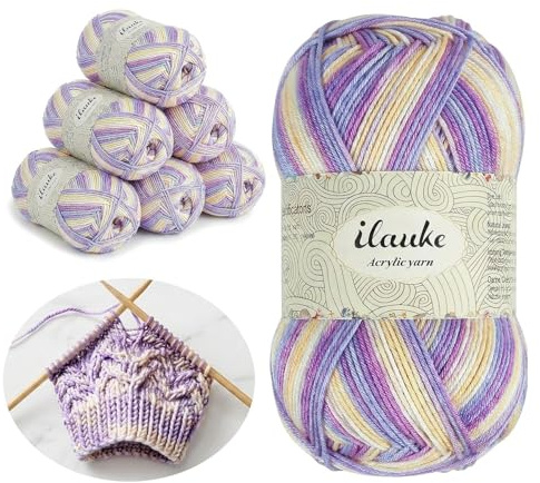 ilauke 6 x 50 g/150 m, filato per lavorare a maglia, morbido filato acrilico per lavorare a maglia, 80% poliacrilico, spessore ferri 2,5 – 4,0, filato per lavorare a maglia (bianco, rosa, viola)