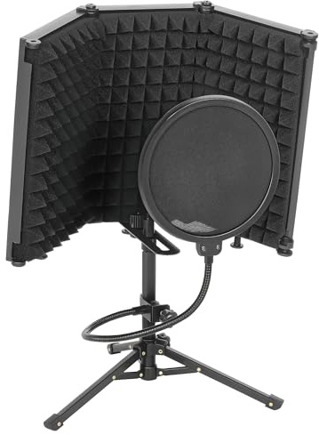 HOMCOM Studio Microphone Isolation Shield with Pop Filter and Tripod Stand, Foldable Adjustable Recording Studio Equipment, 3-Panel High Density Absorbent Foam Shield with 3/8 Threaded Mount, Black
