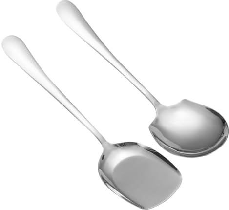 SEWACC Lot de 2 set de Cuillères de Service Épaisses en Acier Inoxydable Grosse Cuillère Creuse Couleur Naturelle Ustensiles Cuisine Solide pour Buffet et Usage Familial
