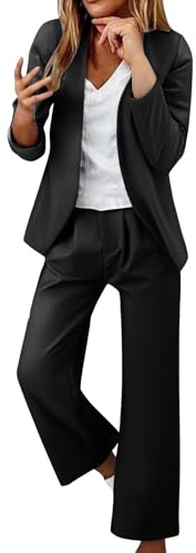 Smarta lediga kläder för kvinnor, uppklädda kläder för kvinnor plus size höst – eleganta affärer kontor arbetsset mode enkel långärmad kostym komfort blazers kappa och breda ben byxor outfit, Svart