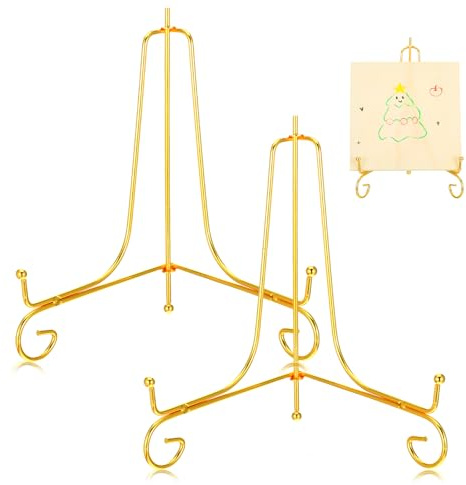 Alrhso 2 Stück Eisen Tellerständer 20cm Klein Aufsteller Tischstaffelei Gold Metall plate holder Display Tellerhalter Klappbar für Bilderhalter Foto Kunst Teller Bücher Bild und Tabletop Art