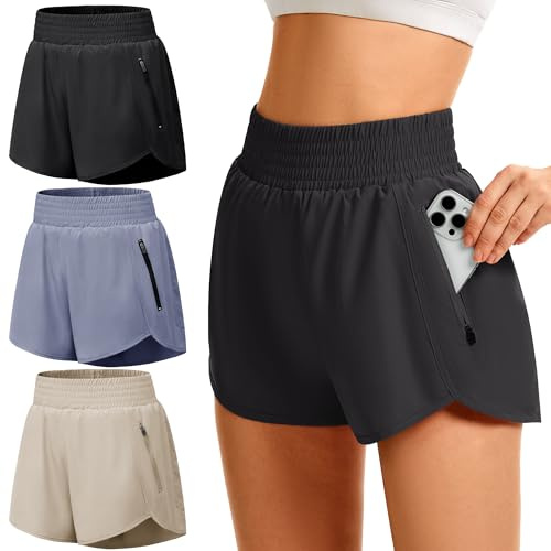 GetGigt 3 Pack Women's Running Shorts with Zipper Pockets High Waisted | Elastic,Quick Dry,Moisture Wicking,Lightweight,Gym Short with Liner For Ladies,Sports Shorts for Workout Yoga Training