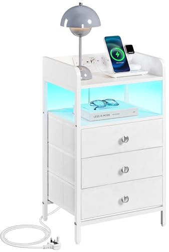Yaheetech Bedside Table with 3 Drawers and Open Shelf, White | Steel Frame & Fabric Drawers, App-Controlled LED Light, Angled Power Strip, Raised Edge Top, Quick Assembly