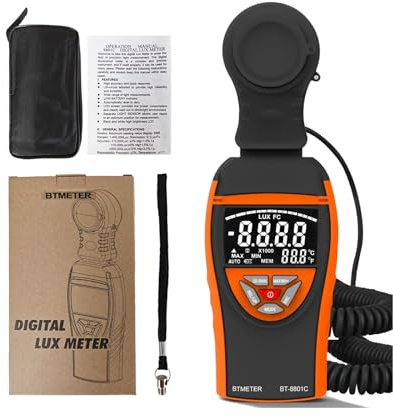 Misuratori di luce, Misuratore di luminosità digitale portatile, intervallo di misurazione 1–400.000 lux, tester fotometrico, monitoraggio a luce for la crescita e piante(Negro)