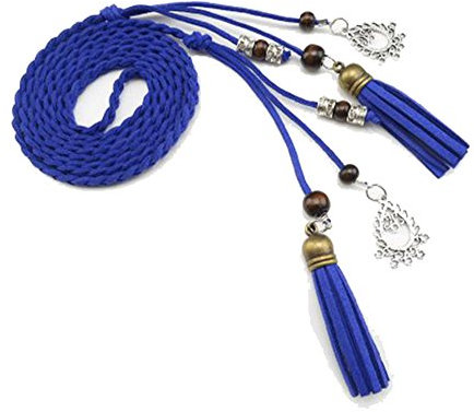 Cheerlife Vintage Damen Schmaler Geflochtener Gürtel mit Quasten Flechtgürtel Taillengürtel Kleidgürtel Blau