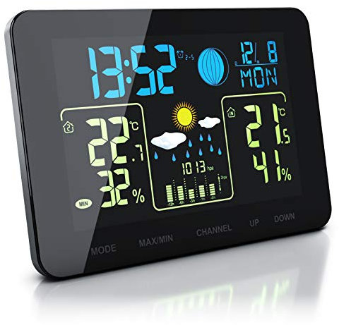 Bearware - Stazione Meteorologica Compatta con Display a Colori e sensore Esterno - Temperatura Interna ed Esterna - Touch - Barometro con compensazione dell’altitudine - Allarme Gelo - 2 allarmi