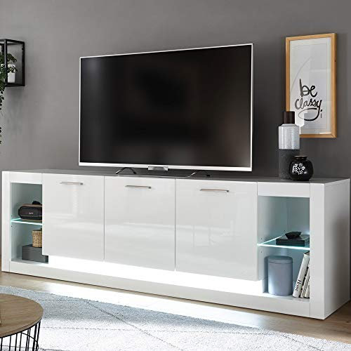 Lomadox Lowboard TV-Tisch 198cm, 3-türig, Hochglanz weiß, LED-Beleuchtung, B/H/T: 198/61/43 cm