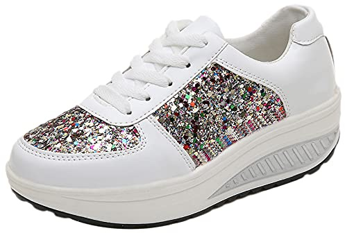 ANUFER Mujer Súper Ligero Plataforma Zapatillas con Cordones Cuña Zapatos Deportivos