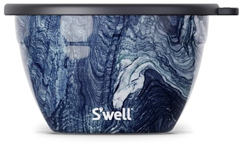 S'well Salad Bowl Kit, Azurite Marble. Salad Lunch Box with Compartments, Removable Tray and Dressing Pot. Adult's Lunch Box, Picnic Box, Leak Proof, Dishwasher Safe, Stainless Steel. 1.9L, Blue