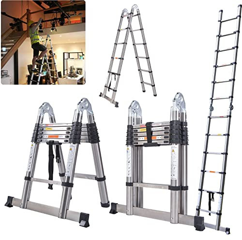 Scala a 12 Gradini Scala a Spina Di Pesce Di Ingegneria Portatile 1,9 m + 1,9 m Scala Telescopica In Acciaio Inossidabile Addensato, Altezza Massima 12,4 Piedi/ 3,8 Metri