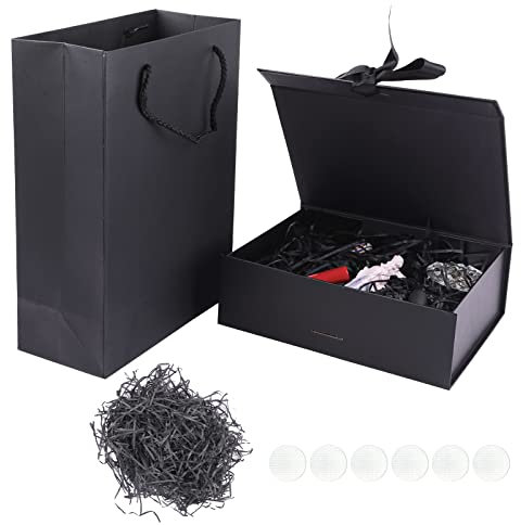 funvce Schwarz Geschenkbox, 23x17x7cm Geschenk Box mit Deckel, Geschenktüten, Raffia Hamper Shreds und Klebeband, Geschenkkarton für Ostern, Valentinstag, Muttertag Geschenkverpackung