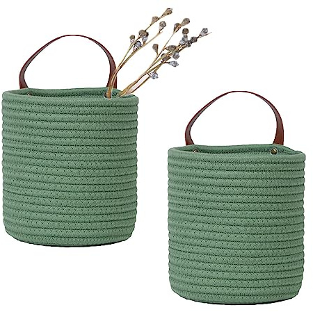 2-pack liten hängande korg – bomullsrep väggkorg med handtag, hängande förvaringskorgar, hyllkorgar förvaringsfack garderob organiserare – 16 cm x 17 cm, vävd växtkorg (grön)