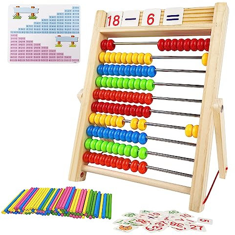Fousenuk Rechenschieber Grundschule, Abakus für Kinder, Rechenhilfe mit 100 Perlen/Zählstäbchen/Digitale Karten, Zählen und Rechnen Hölzerne Abakus für Kinder ab 3 Jahren, Lernspielzeug