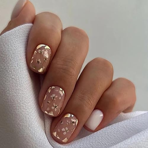 24 Stück Nägel Zum Aufkleben Kurz, Glossy French Weiß Blumen Künstliche Nägel, Eckig Acryl Kunstnägel Press on Nails mit Klebepads, Fingernägel Fake Nails für Frauen und Mädchen