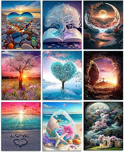Mrnsiet 9 Pack Diamond Painting Kits for Adults,5D Landscape Diamond Art Kit for Beginners, DIY Paint with Diamonds Round Full Drill Paintings Gem Art for Gift and Home Wall Decor Inch12X16