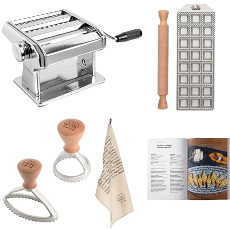 Nudel- und Ravioli-Zubereitungsset, Marcato Ampia 150 Nudelmaschine + Stempel für 24 Quadratische Ravioli (35 mm) + Nudelholz + Rundstempel + Ovalstempel + Küchentuch + Rezeptbuch