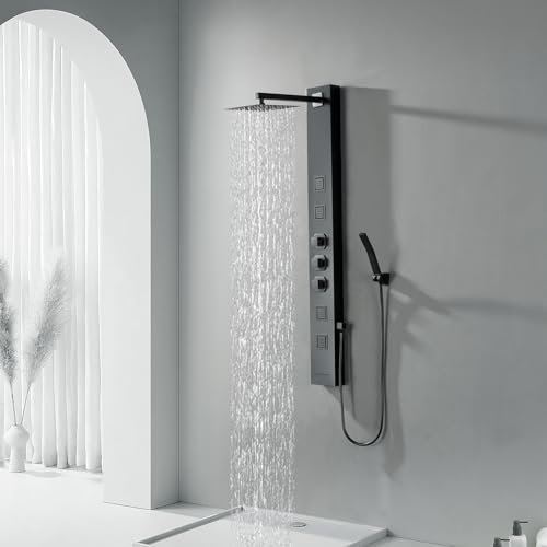 BWE Pannello doccia nero con getti massaggianti soffione doccia regolabile a pioggia in acciaio inox montaggio a parete multifunzione bagno pannello doccia sistema a torre