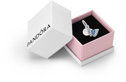 PANDORA Moments, Blue Butterfly & Quote Dangle Charm, No Box | Sterling Silver Double Dangle Charm, Hand-Painted Blue Wings & Clear Cubic Zirconia, Matching Blue Earrings