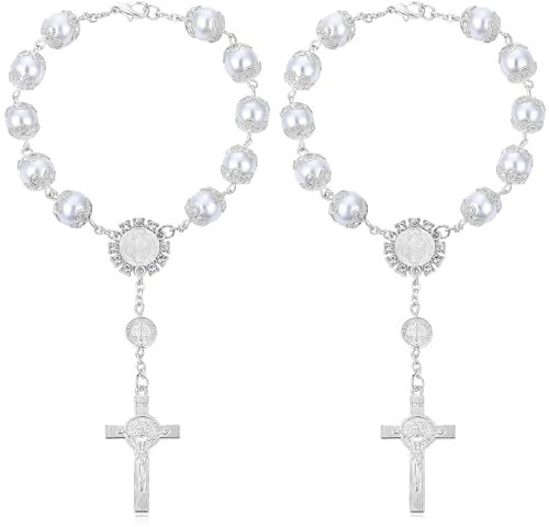 Sibba 2 Stück Auto-Rosenkranz Spiegel Rückspiegel Hängezubehör Auto-Rosenkranz mit Kreuz Segens-Rosenkranz Religiöse Katholische Perlen Auto-Medaille für Spiegel-Innenräume Dekorationen (Silber)