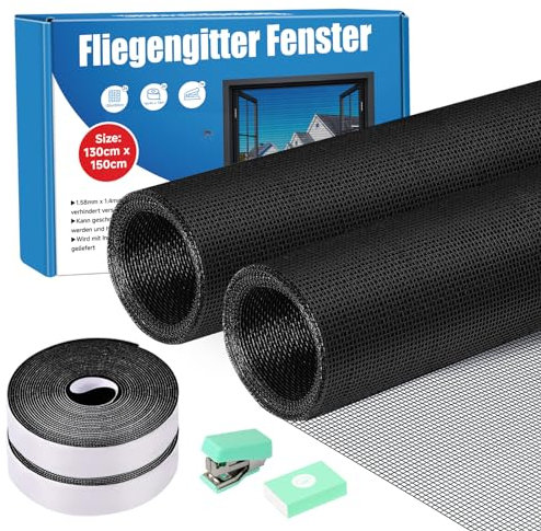 UFYTT 2 Stk Fliegengitter Fenster, 130x150cm Moskitonetz Fenster Katzensicher Ohne Bohren, Mückennetz Fensternetz Insektenschutz Fiberglas, Fliegennetz Insektengitter Klettband Zuschneidbar (Schwarz)