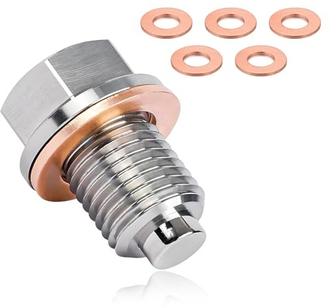 Ziciner M14×1.5 Magnetic Oil Drain Plug, Aluminum Stainless Steel Sump Drain Nut Bolt with 5 Copper Gaskets, Leakproof Replacement Car Accessories Universal for Most Vehicles