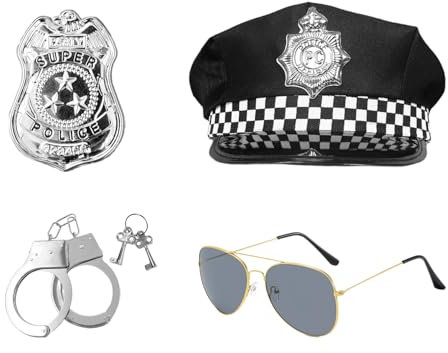 ZBHDEYG Conjunto De Disfraz De Policía De 4 Piezas, Esposas Simuladas, Juguetes Para Niños, Gorro De Oficial, Insignia, Accesorios De Juego De Rol