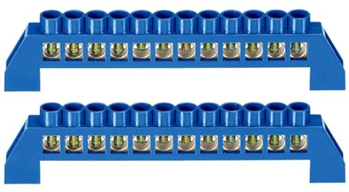 2Pcs Neutral Terminal Bar 12 Positions Brass Wire Screw Terminal Bus Bar Block Grounding Strip Blue Shell for Electrical Distribution