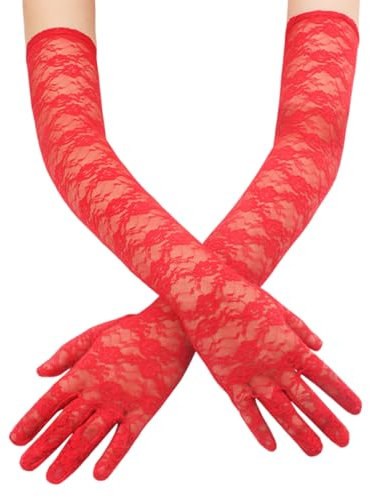 1 Paar Handschuhe Lang Lace Gloves für Damen,Spitzenhandschuhe Rot,Kostümhandschuhe,Elegant Blumen Lange Rot Spitzenhandschuhe Braut Long,Stretch Gloves,für Teeparty,Verlobung,Tanz,Cocktailparty