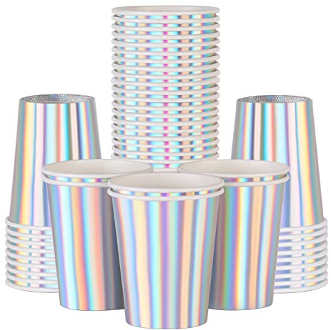 Schillernde Bunte Pappbecher 250ml/9oz [50 Stück] Einweg-Partybecher für heiße und kalte Getränke Kaffee Tee Wasser Milch Saft Getränke holografische Silber Regenbogen Becher für Picknick Zuhause