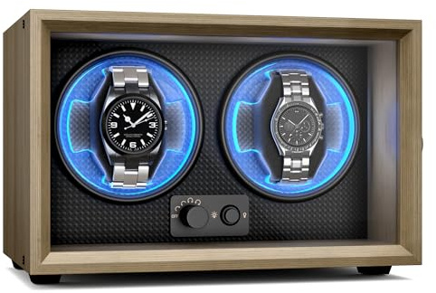 KLARSTEIN Brienz 2 Estuche Giratorio para Relojes Automático - Enrollador para 2 Relojes con Motor Silencioso, 4 Modos de Rotación, Iluminación Led Azul, Diseño Imitación Madera, USB