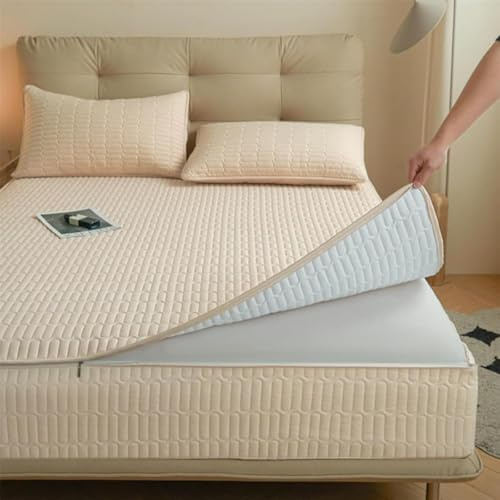 HLTQL Fodera Materasso Matrimoniale con Cerniera Copri Proteggi Materasso Coprimaterasso con Cerniera Rivestimento Materasso Chiuso Matrimoniale(#Beige,180x200+10cm)